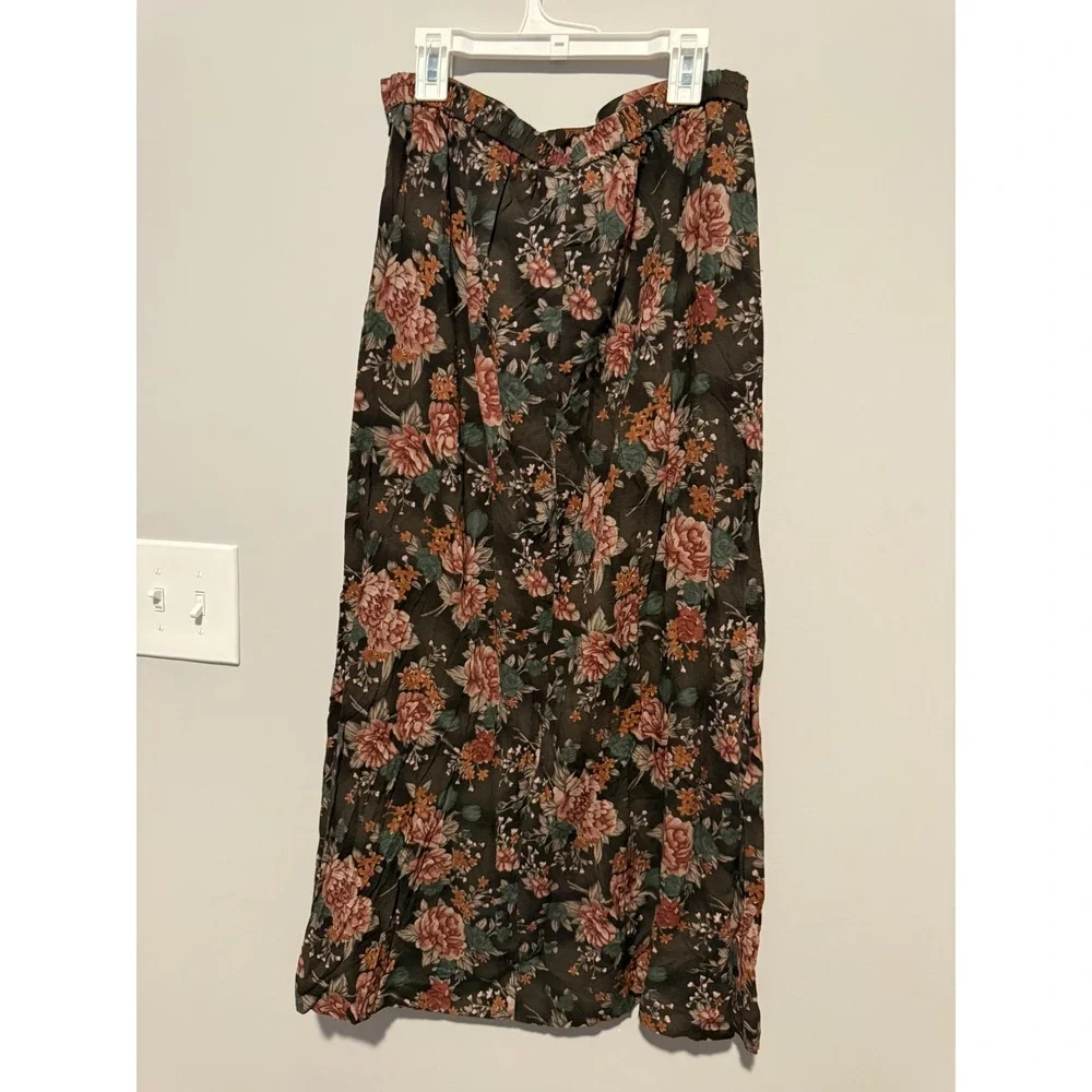 Van Heusen Womens Floral Midi Skirt Brown Rayon Elastic Waist Casual Size M